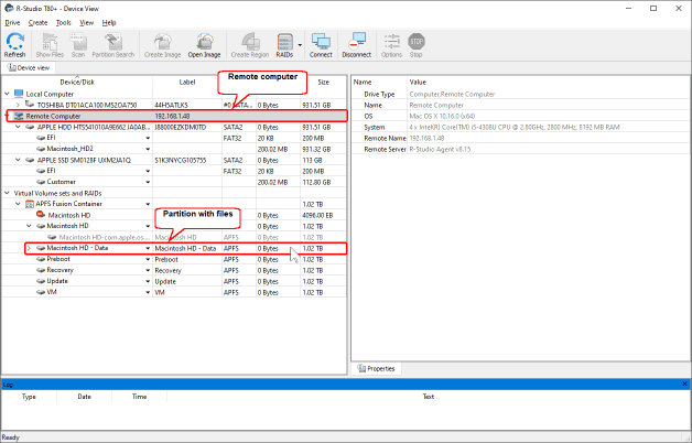 Computer remoto sul pannello principale di R-Studio T80+