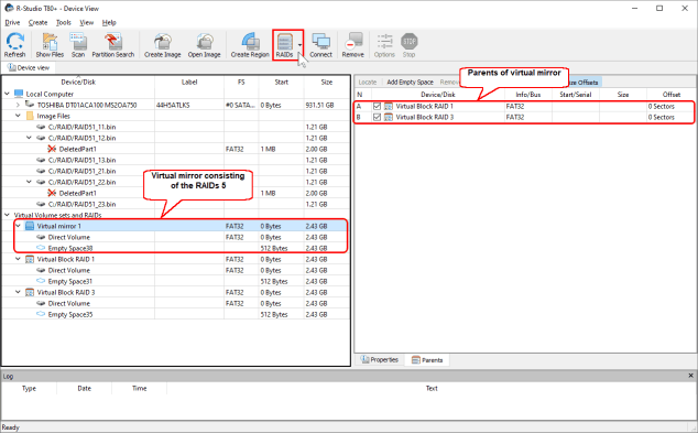 Espelho virtual que consiste em duas configurações RAID5