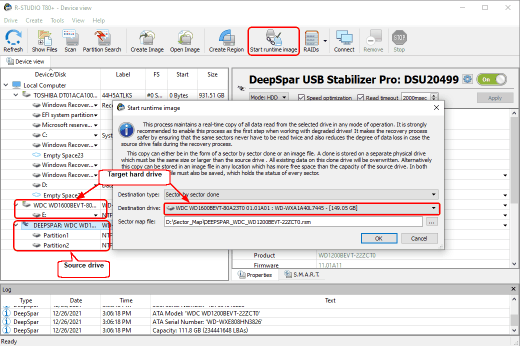 Sorgente e destinazione per l'imaging di runtime