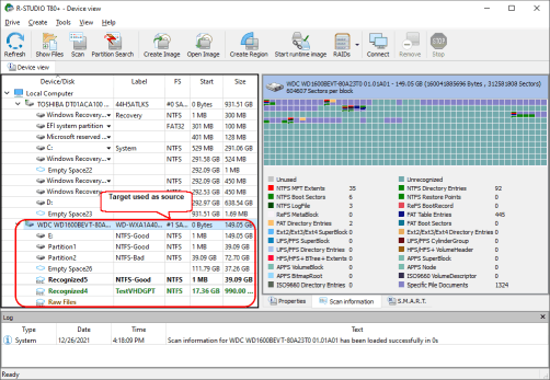 La cible utilisée comme source dans R-Studio