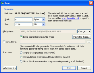 Datenwiederherstellung über das Internet: Scan-Dialogfeld