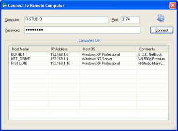 Datenwiederherstellung über ein Netzwerk: Dialogfeld für Verbindungen von R-Studio Agent