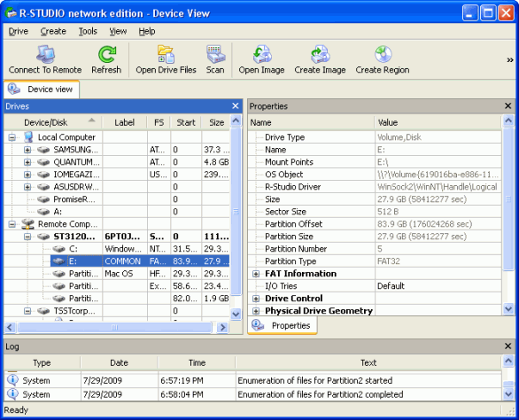 Datenwiederherstellung über ein Netzwerk: Hauptbereich von R-Studio