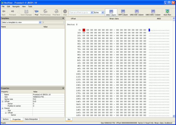 Ermitteln der RAID-Parameter: Disk1.arc geöffnet im Text-/Hexadezimal-Editor