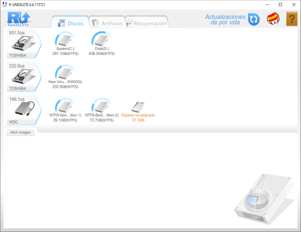 Software para la recuperación de archivos: Panel principal de R-Undelete