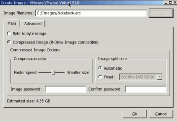 Recuperación de archivos de emergencia: Cuadro de diálogo Create Image (Crear Imagen)