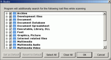 Recuperación de archivos de emergencia: cuadro de diálogo Tipos de archivo