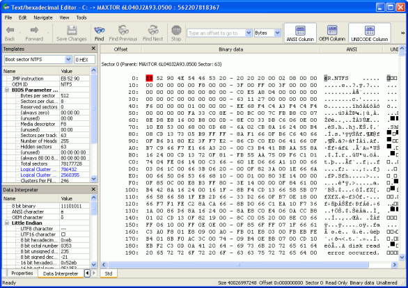 Recuperación de datos a través de internet: Editor de texto / hexadecimal