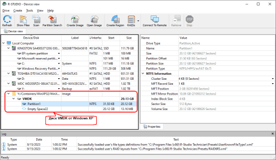 Диск VMDK от виртуальной машины Windows XP открытой в R-Studio Standalone