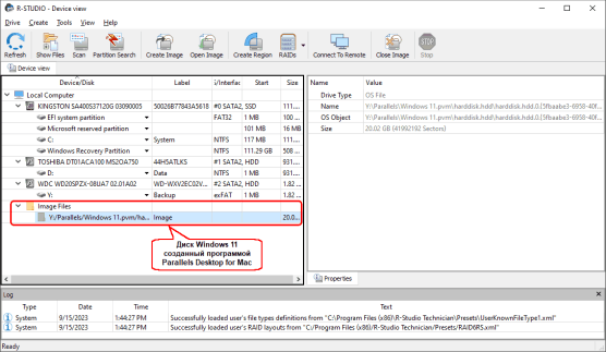 Диск Windows 11 созданный в Parallels Desktop for Mac и открытый в R-Studio Standalone