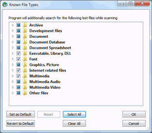 Диалоговое окно Известные типы файлов (Known File Types)