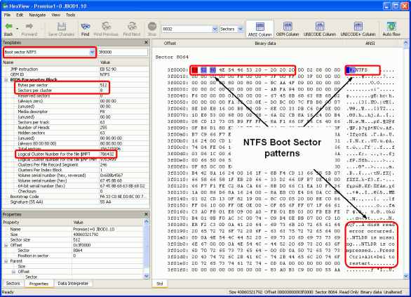 Определение параметров RAID: Найденный загрузочный сектор NTFS