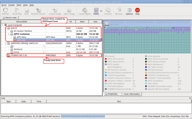 Процесс сканирования для виртуального диска, созданного HDDSuperClone