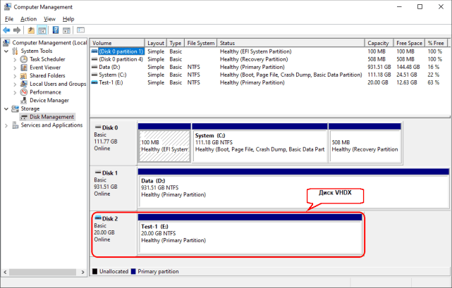 Конечная конфигурация разделов на диске VHDX