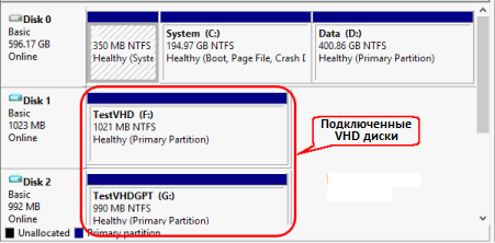 Подключенные к компьютеру VHD диски