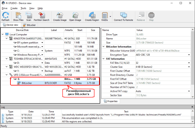 Диск BitLocker, расшифрованный в R-Studio